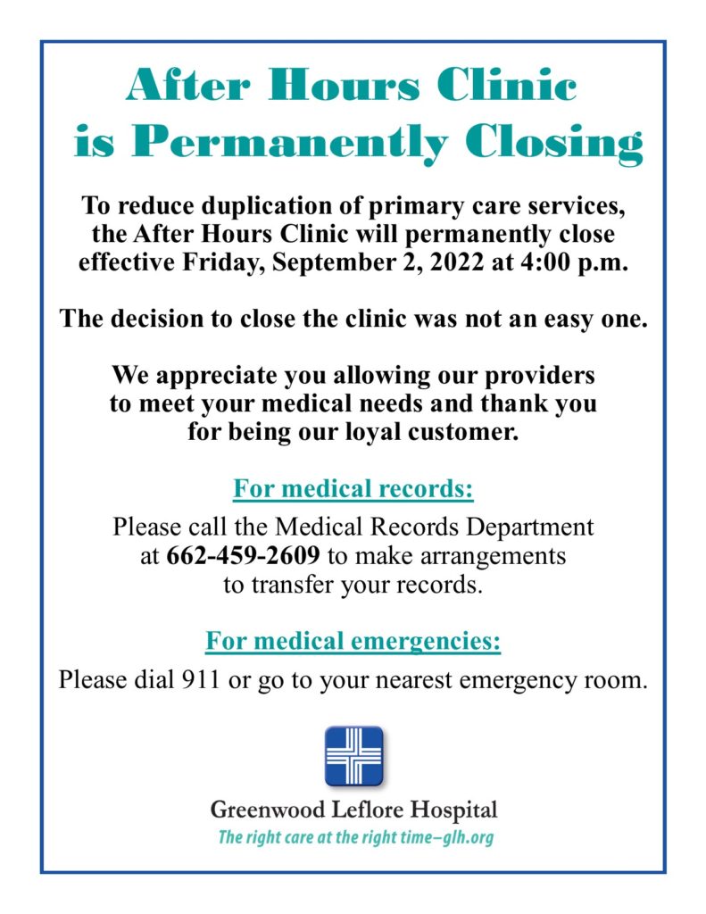 After Hours Clinic Permanently Closes – Greenwood Leflore Hospital