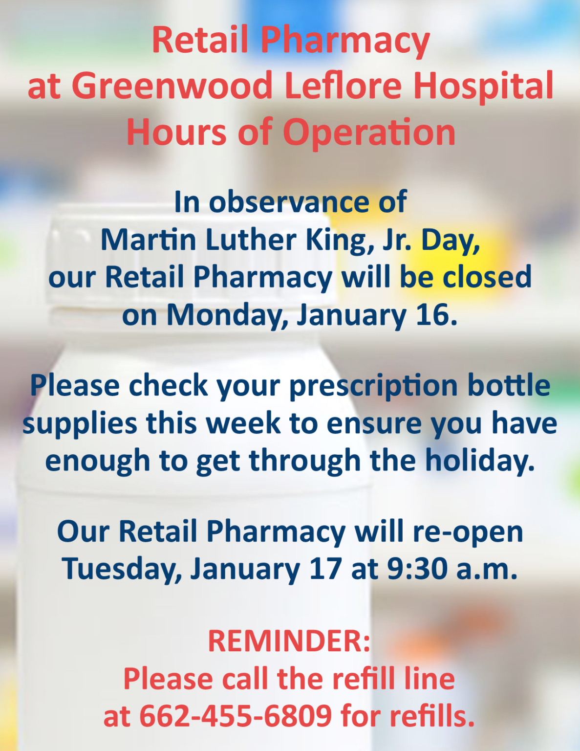 Pharmacy Hours of Operation on MLK, Jr. Day 2023 8.5×11 for Pharmacy